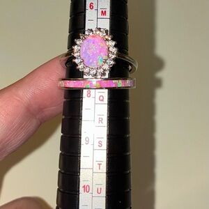 Lab created crushed pink Opal and Quartz Ring Set Sz. 8